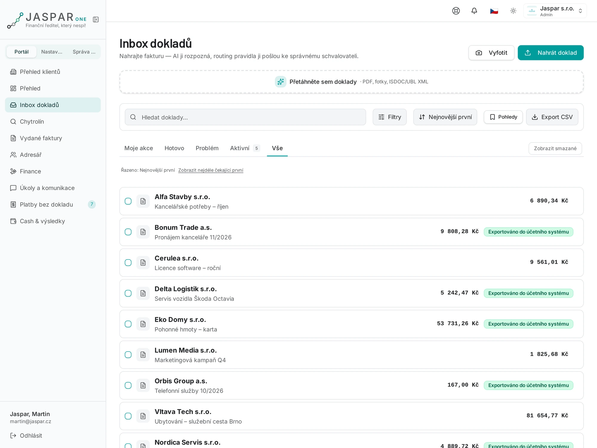 JASPAR One — Inbox dokladů